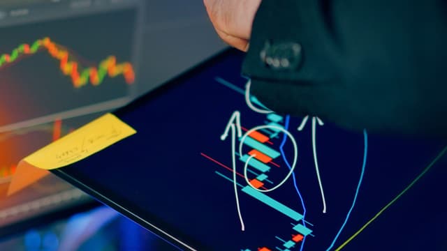 Tablet com gráfico de candles e painel de cotações