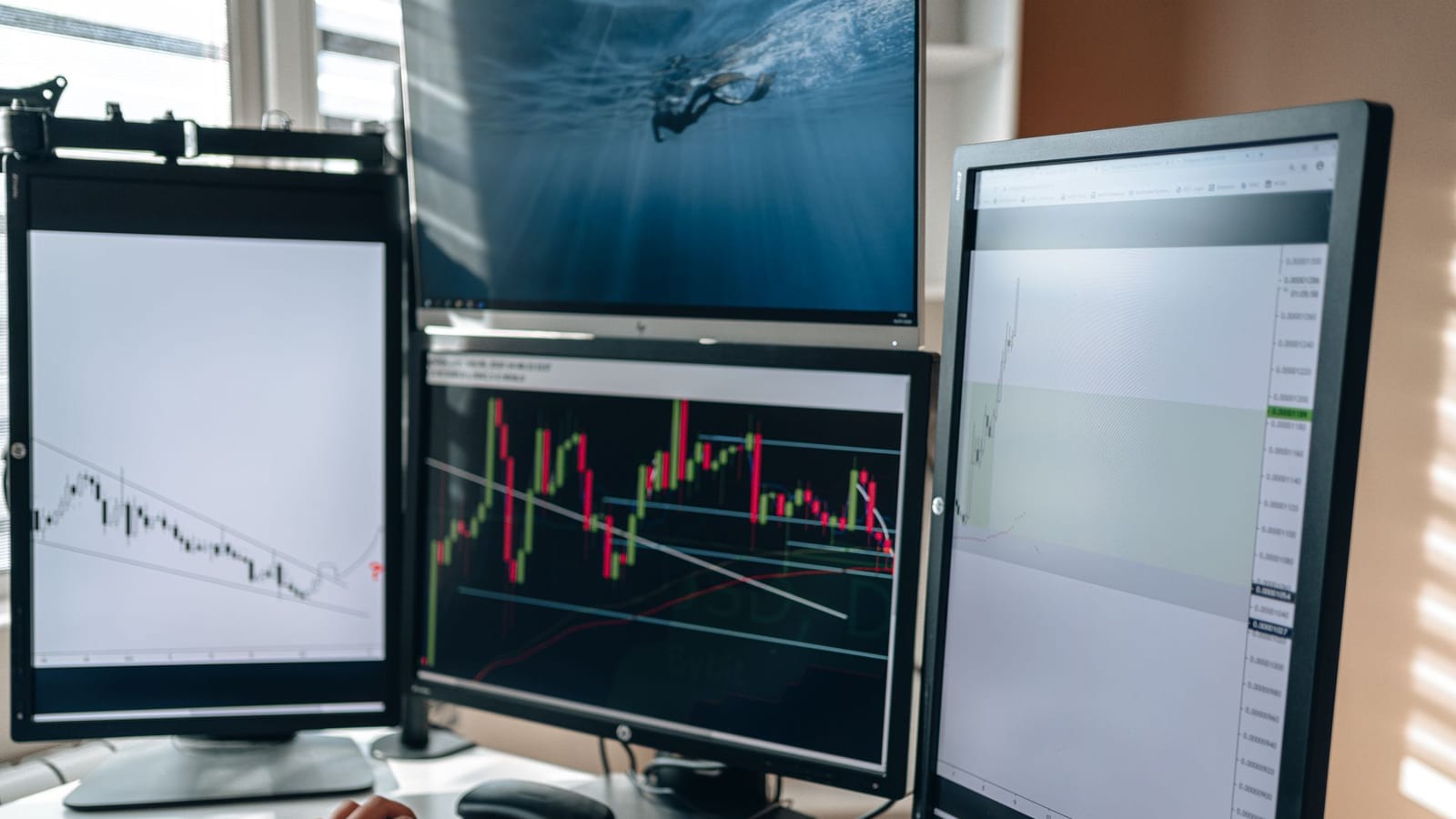 Mesa de day trade com três monitores exibindo gráficos de candles
