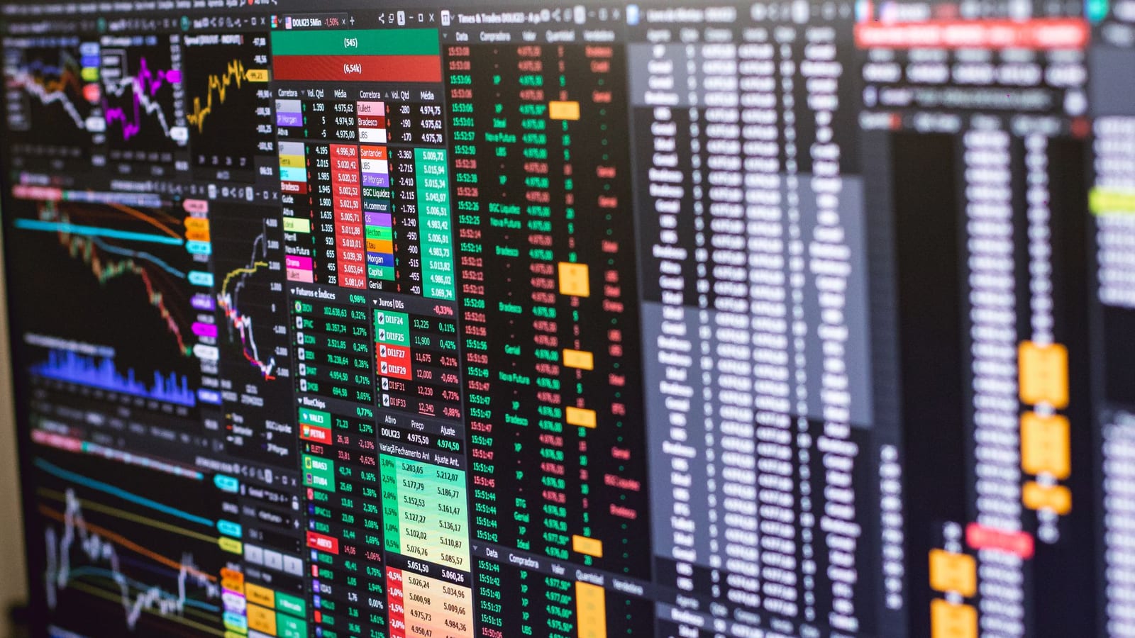 Terminal de negociação estilo B3 com book de ofertas e Times & Trades